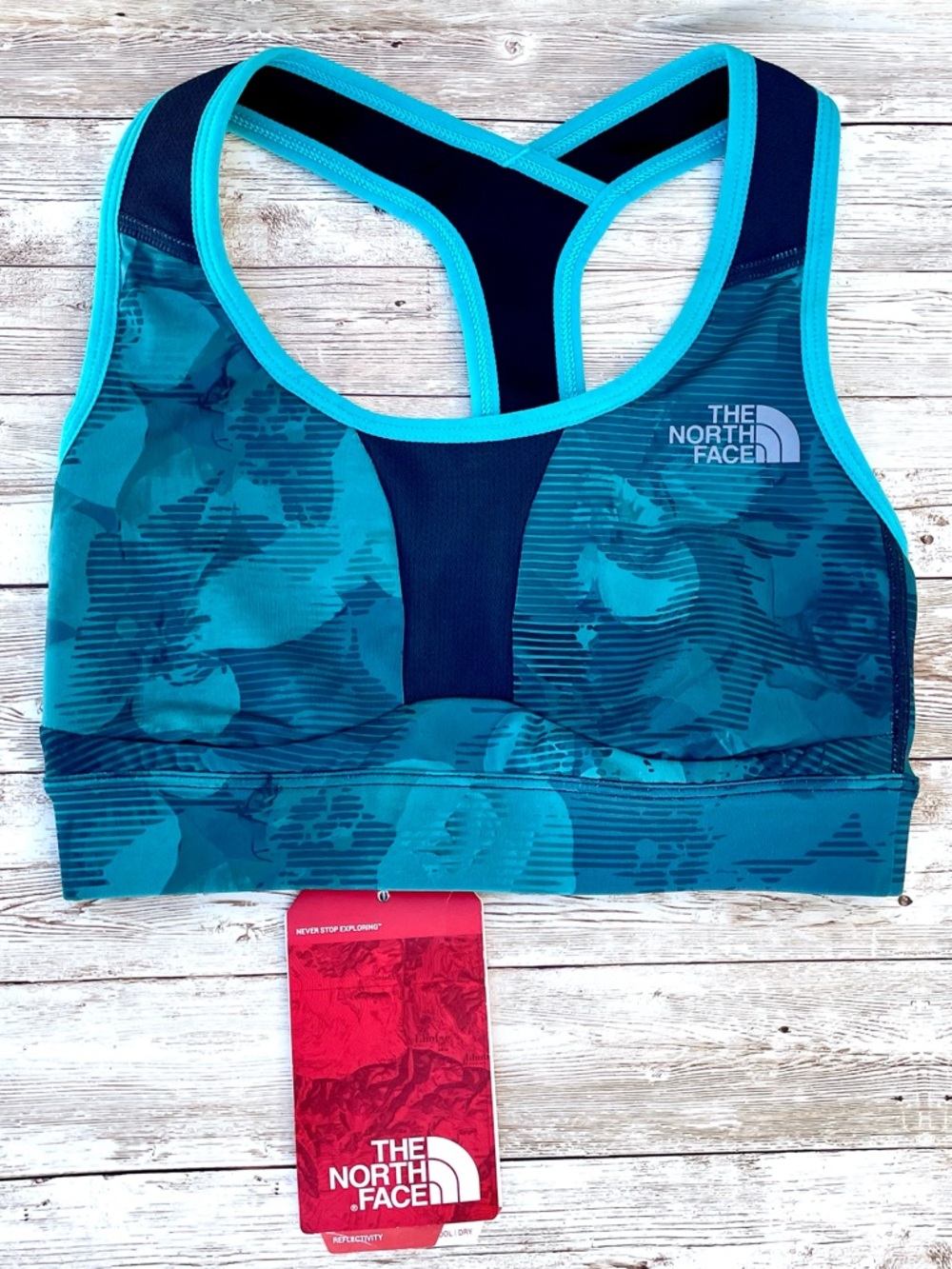 NEW North Face Stow-n-Go Phone Pocket Botanical Tropical Teal Blue Sports Bra XS - Picture 2 of 15